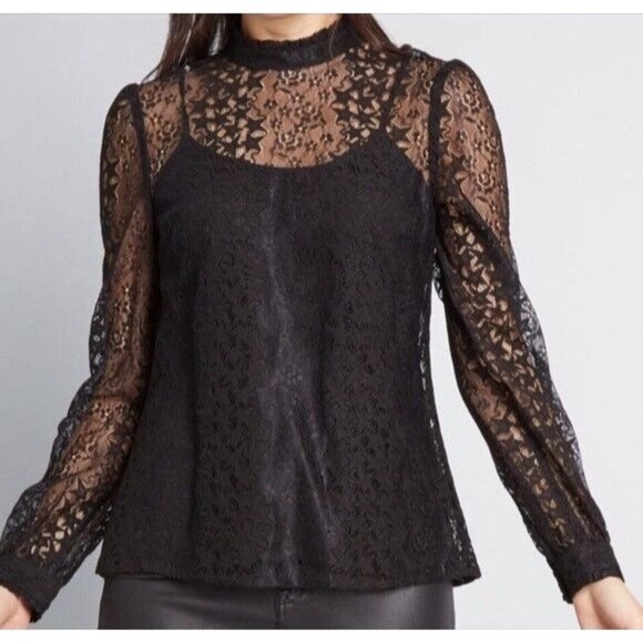 Modcloth Tops - Modcloth Top Black Sheer Star Long Sleeve Mock Neck Overlay Blouse